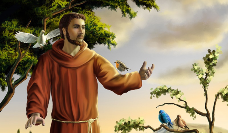 Imagem de São Francisco de Assis com animais em meio à natureza. Na foto há uma pomba branca no ombro direito do santo, um pássaro em cima do braço esquerdo dele e dois pássaros no canto inferior direito da foto.
