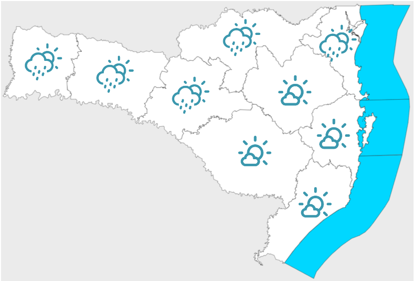 Na foto aparece o mapa de Santa Catarina com indicação de tempo firme e chuvas por regiões.