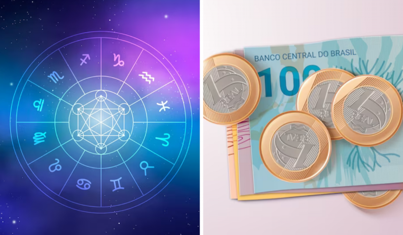 Fotomontagem com imagem de signos do zodíaco em roda, com fundo roxo e ao lado uma ilustração de notas de 100 reais com moedas em cima, para ilustrar uma matéria sobre os Signos que vão ganhar mais dinheiro e 2024