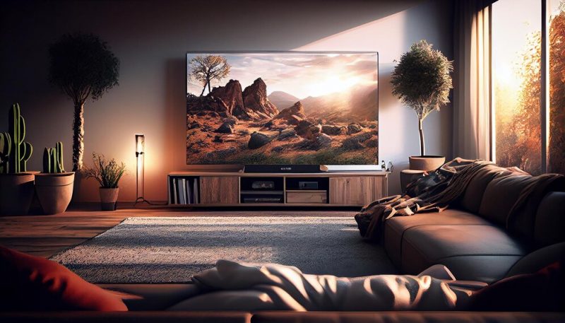 TV é um dos itens mais procurados na Black Friday - na foto é possível ver uma televisão grande em uma parede, ao lado do sofá, um vaso de plantas e vaso com cactos