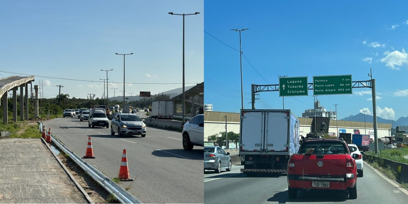 Na foto da esquerda apresenta trânsito intenso na SC-401 no sentido Centro de Florianópolis. Na outra imagem aparece filas e trânsito intenso no sentido Sul da Br-101.