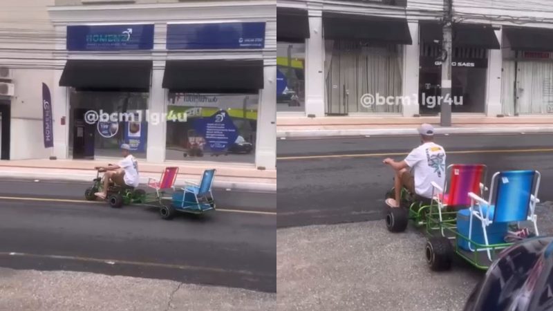 À esquerda, imagem do carrinho dos praieiros andando no centro da cidade; à direita, veículo está parado com duas cadeiras e um cooler