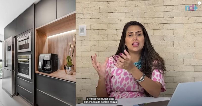 fotomontagem mostra arquiteta exemplificando como evitar erros comuns na hora de montar móveis da cozinha planejada