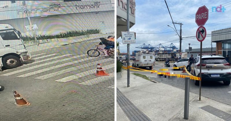 Fotomontagem mostra imagem da Câmera de monitoramento de momentos antes do acidente, com mulher atravessando faixa de pedestre de bicicleta e outra imagem da vítima já caída no chão, morta após ser atropelada