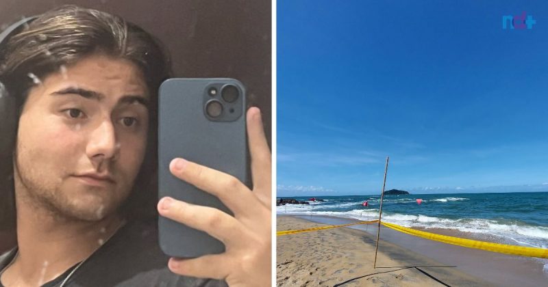 The photograph shows the face of Lucas, a young man who drowned in the sea at Saudade Beach in Penha, and a photograph of a beach isolated by the force of the water.