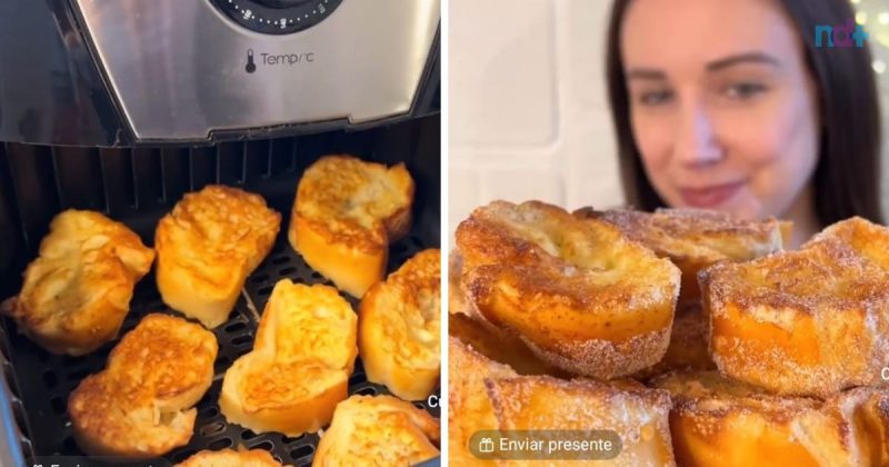 Fotomontagem com imagens de rabanadas recém-feitas na airfryer