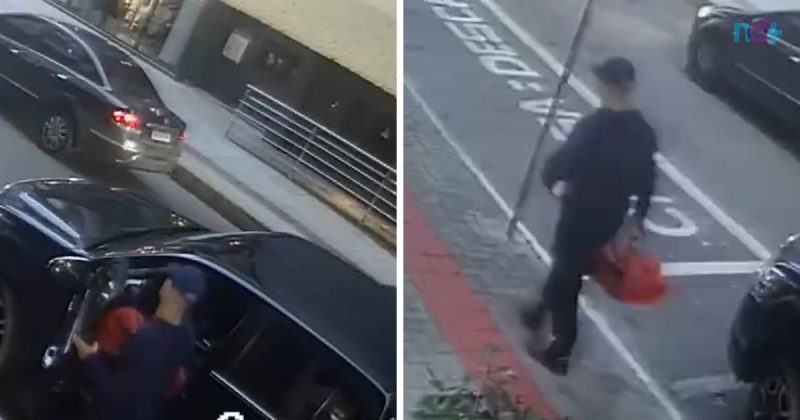Fotomontagem mostra homem suspeito com bolsa vermelha onde estaria rolex avaliado furtado em Itapema