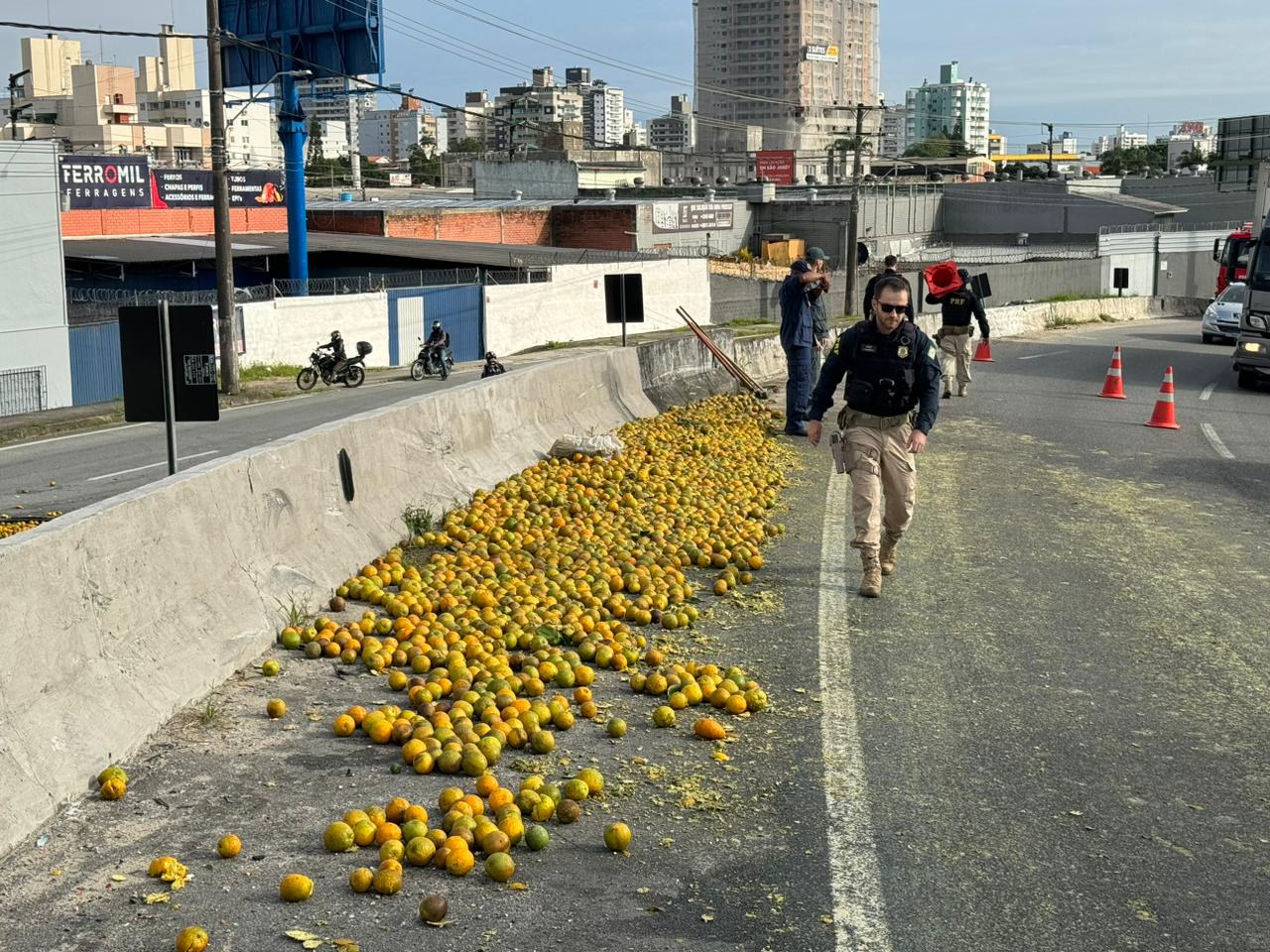 Carga de laranja derrubada na Via Expressa. - Paulo Mueller/ND