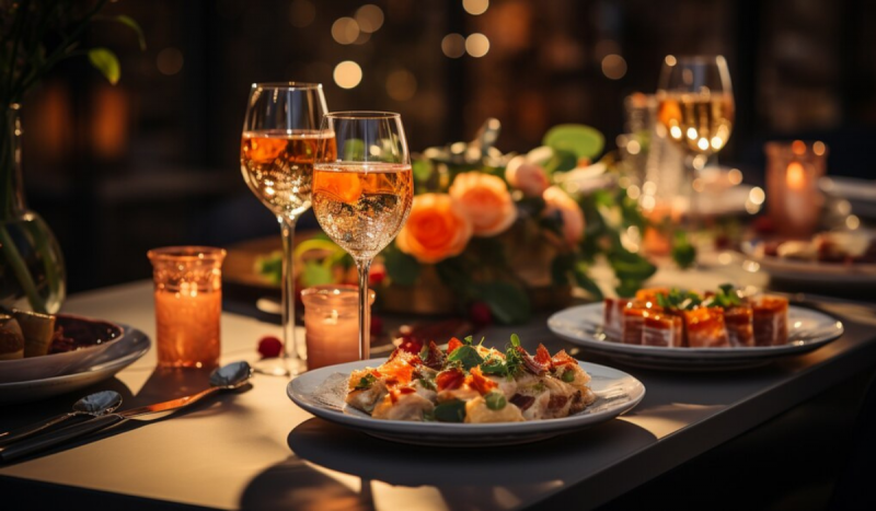 Taças de vinho em mesa com jantar