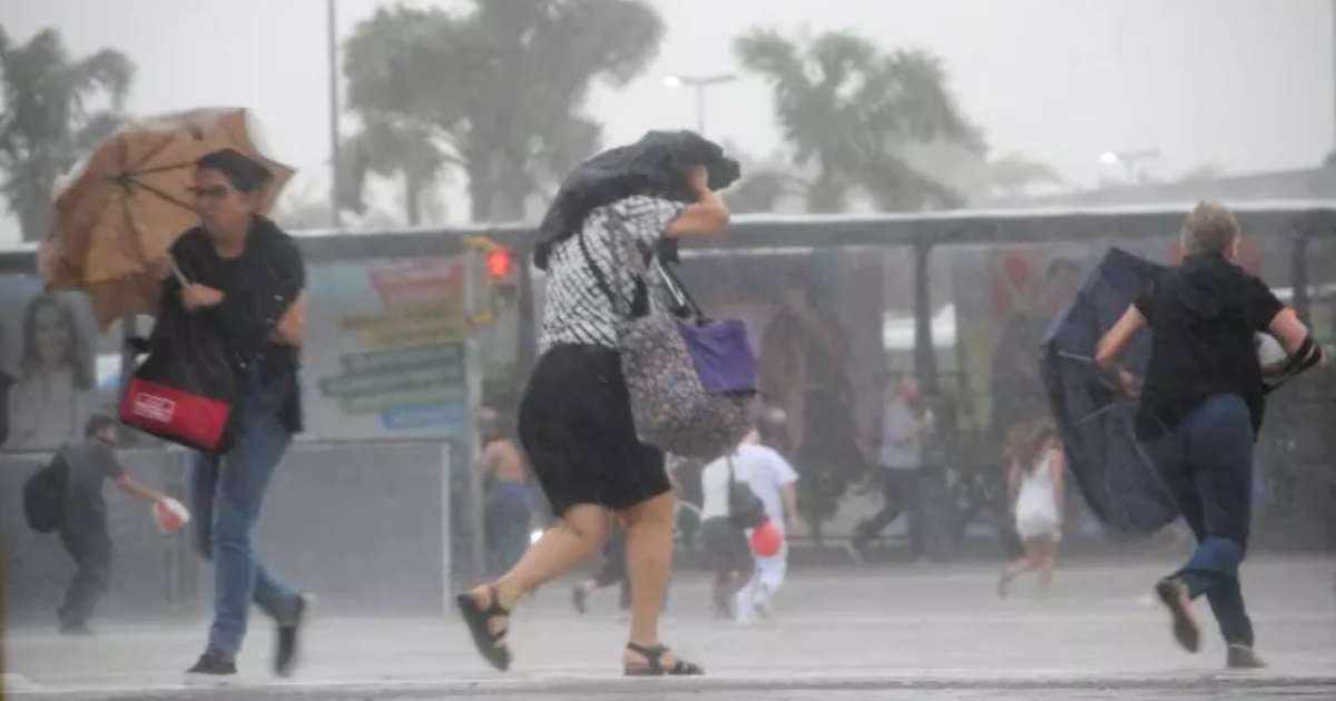 Na foto aparece as pessoas com guarda chuvas tentando escapar da chuva volumosa e temporais isolados em Santa Catarina.