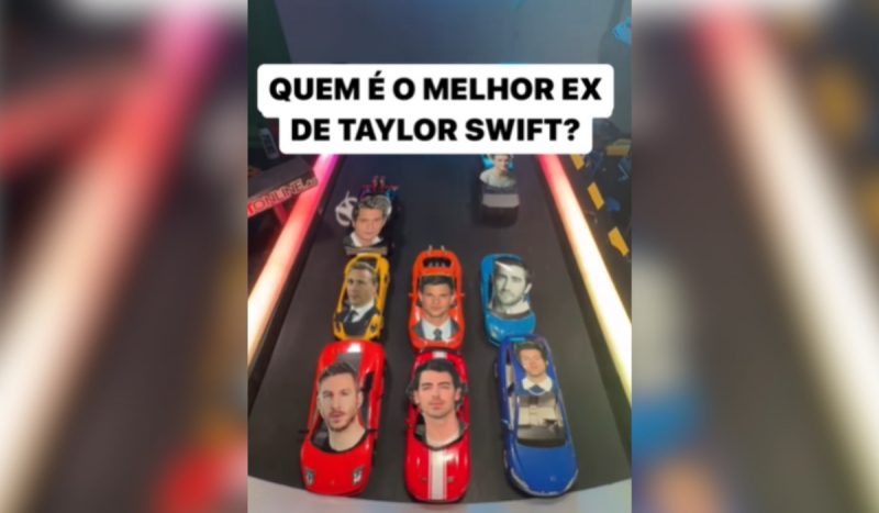 Foto mostra corrida de carros com fotos dos ex's namorados da cantora Taylor Swift