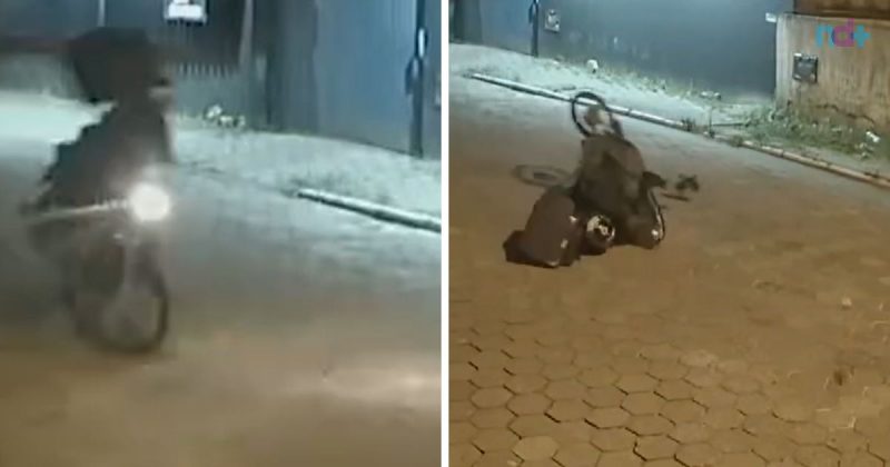 Fotomontagem mostra frames do vídeo em que o motoboy praticamente voa da moto por conta de buraco na rua Fotomontagem mostra frames do vídeo em que o motoboy praticamente voa da moto por conta de buraco na rua