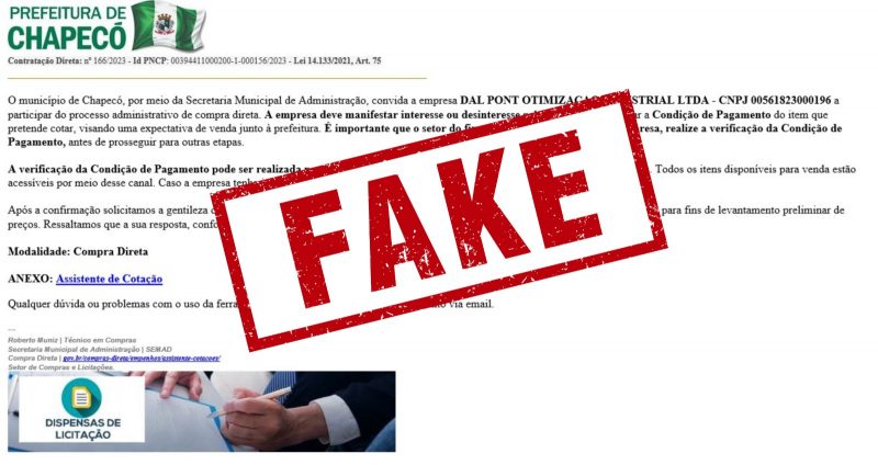 The fake email was sent to multiple companies.  Photo: Reproduction/Chapeco City Hall