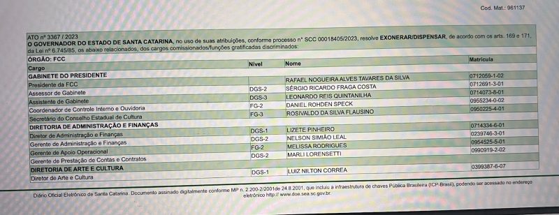 Ato 3667: demiss&atilde;o no comando da FCC – Foto: Diario Oficial Eletr&ocirc;nico