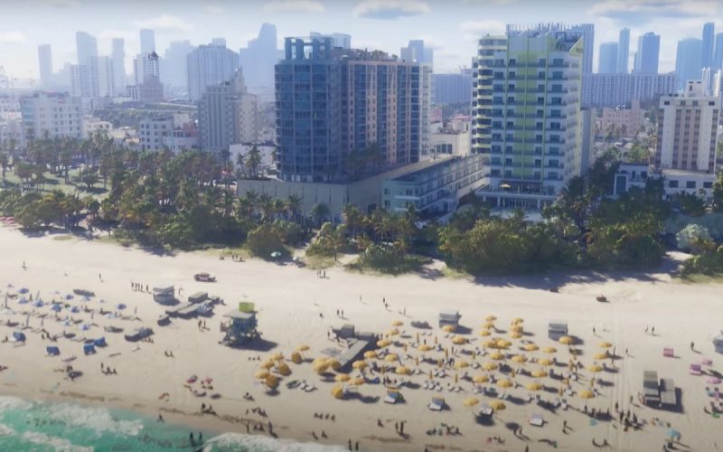 A still from the official launch trailer for GTA VI, showing Vice City Beach from above.