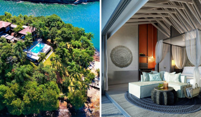 Fotomontagem com duas imagens. À esquerda, a foto mostra uma ilha vista de cima. À direita, um quarto luxuoso, para ilustrar uma matéria sobre as ilhas disponíveis para aluguel