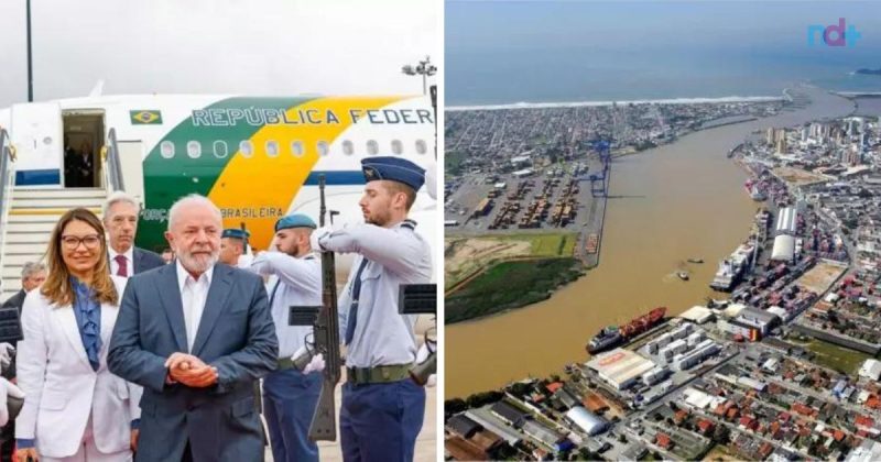 Fotomontagem mostra presidente Lula saindo de avião presidencial e foto aérea do Porto de Itajaí