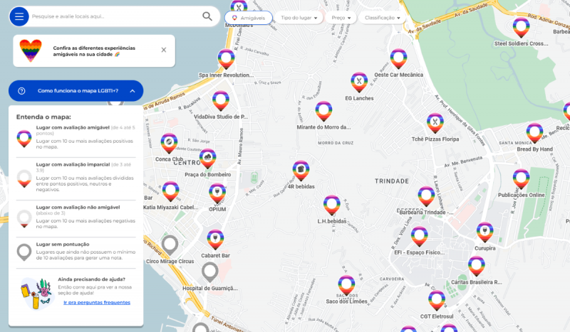 Print da tela inicial do mapa Nohs Somos que mapeia estabelecimentos acolhedores para o público LGBTQIAP+