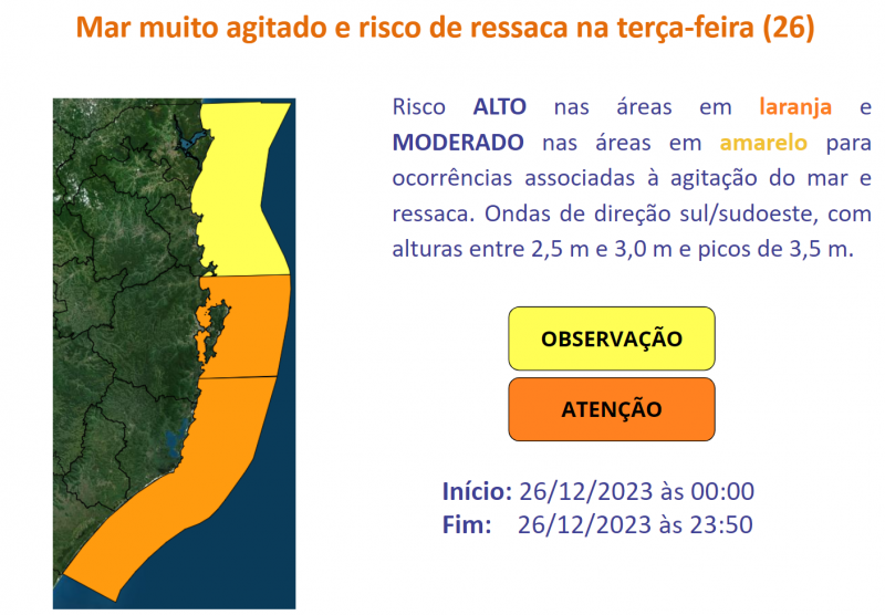 Áreas em alerta para mar agitado &#8211; Foto: Defesa Civil/ Divulgação/ND