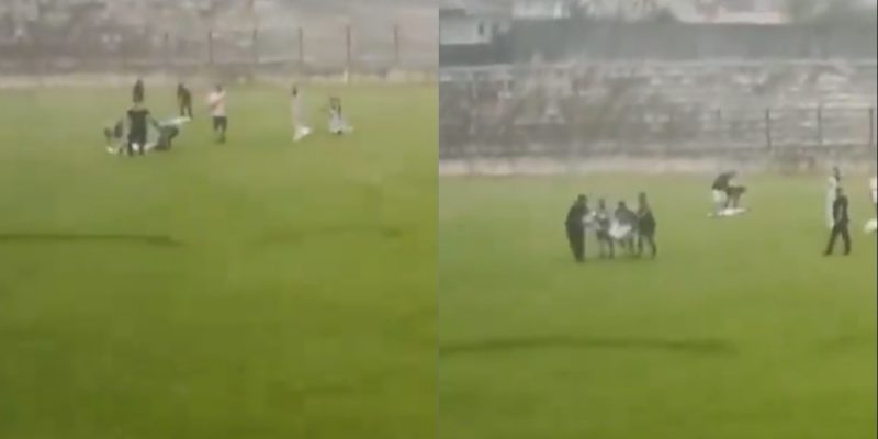 Na imagem, recorte do vídeo em que raio atinge jogadores no campo de futebol