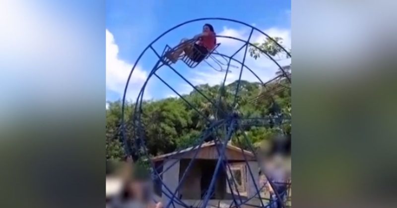 Ela estava almo&ccedil;ando com a fam&iacute;lia e os amigos quando subiu no brinquedo. Ao cair, ela bateu o peito e o pesco&ccedil;o – Foto: R7/Divulga&ccedil;&atilde;o/ND