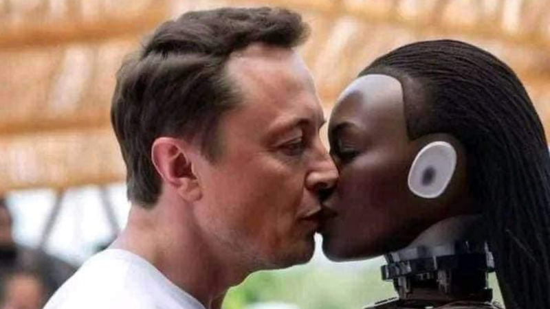 Billionaire Elon Musk, owner of Space X and the social network X (formerly Twitter), was also attacked by AI.  Musk has made no secret of his desire to create humanoid robots, but not “robot wives.”  The fake image shows the billionaire kissing a replica of what could be his 