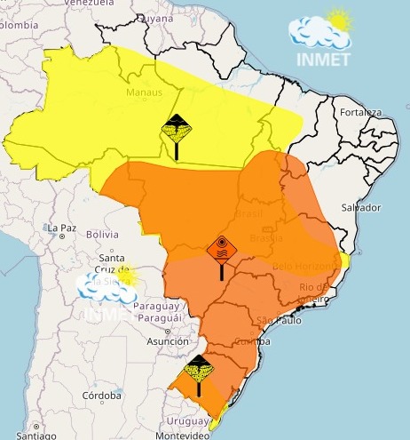 Mapa do Inmet indicando que regiões do Brasil estão em alerta laranja para onda de calor