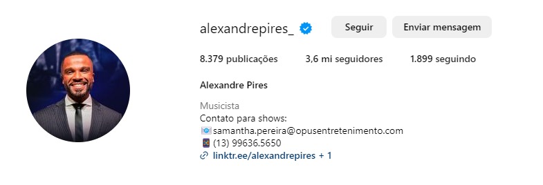 Perfil de Alexandre Pires no Instagram, sem o nome de Matheus Possebon na bio