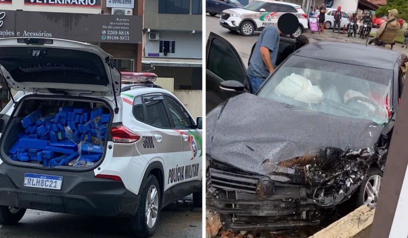 Photo montage of two photographs.  On the left is a police car with marijuana pills seized during the arrest.  On the right is a black car crumpled after an accident.