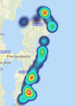Pontos em vermelho correspondem aos balne&aacute;rios com mais casos registrados – Foto: CBMSC/Divulga&ccedil;&atilde;o/ND