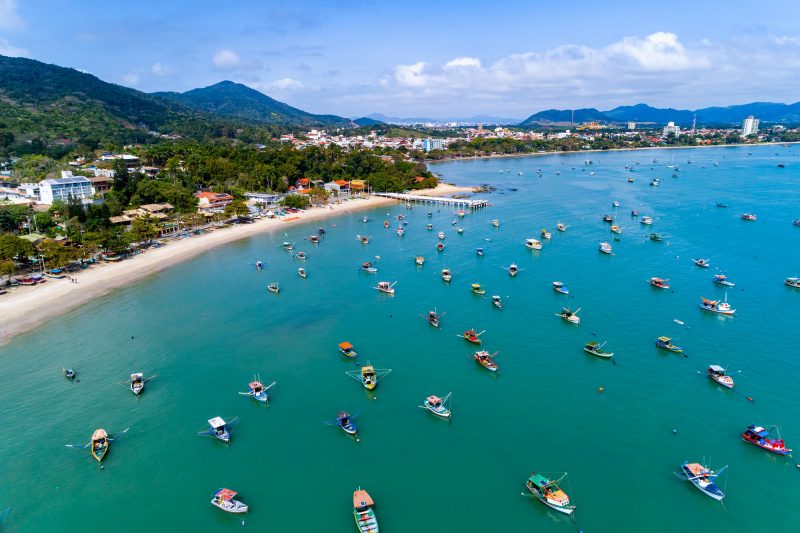 Foto aérea da Praia da Armação, em Penha. Na porção inferior e até o meio da foto aparece o mar de cor esverdeada com vários barcos coloridos de pescadores na água. Na porção superior, a faixa de areia com algumas casas e morros verdes atrás 