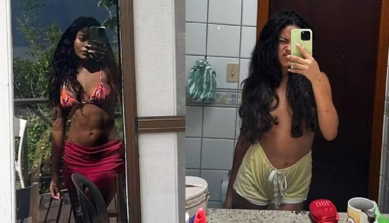 Montagem com Bella Campos de biquíni e fazendo topless em frente ao espelho