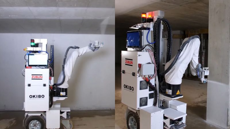 Robô pintor pintando uma parede na foto da esquerda, enquanto na foto da direita ele pinta um pilar; robô é branco e possui rodas, além de um braço articulado