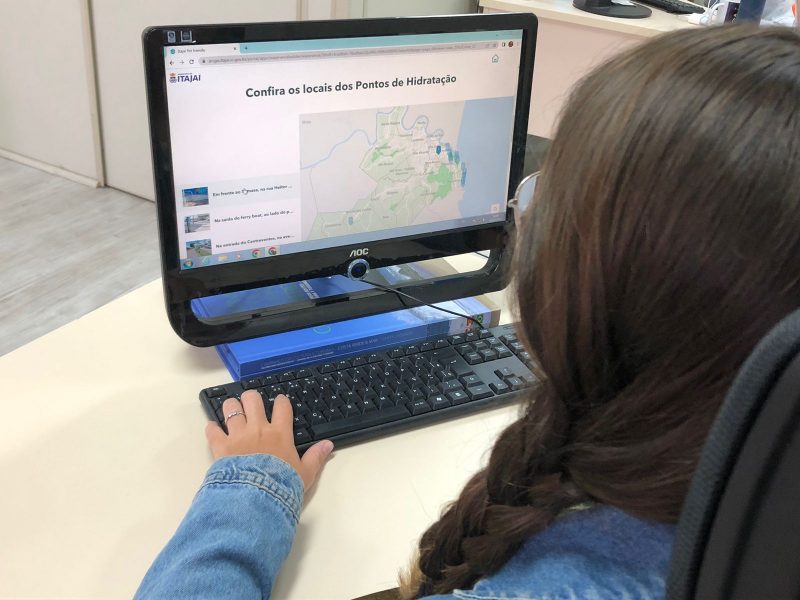 Mulher utilizando portal Itajaí Pet Friendly no computador