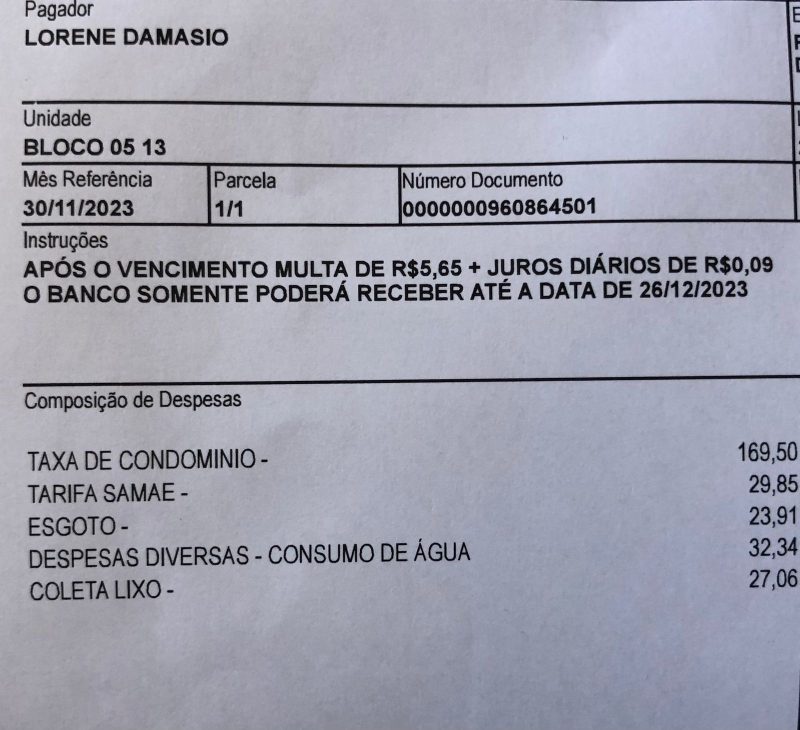 Boleto de condom&iacute;nio de Lorene Damasio sem a tarifa social – Foto: Arquivo pessoal/ND
