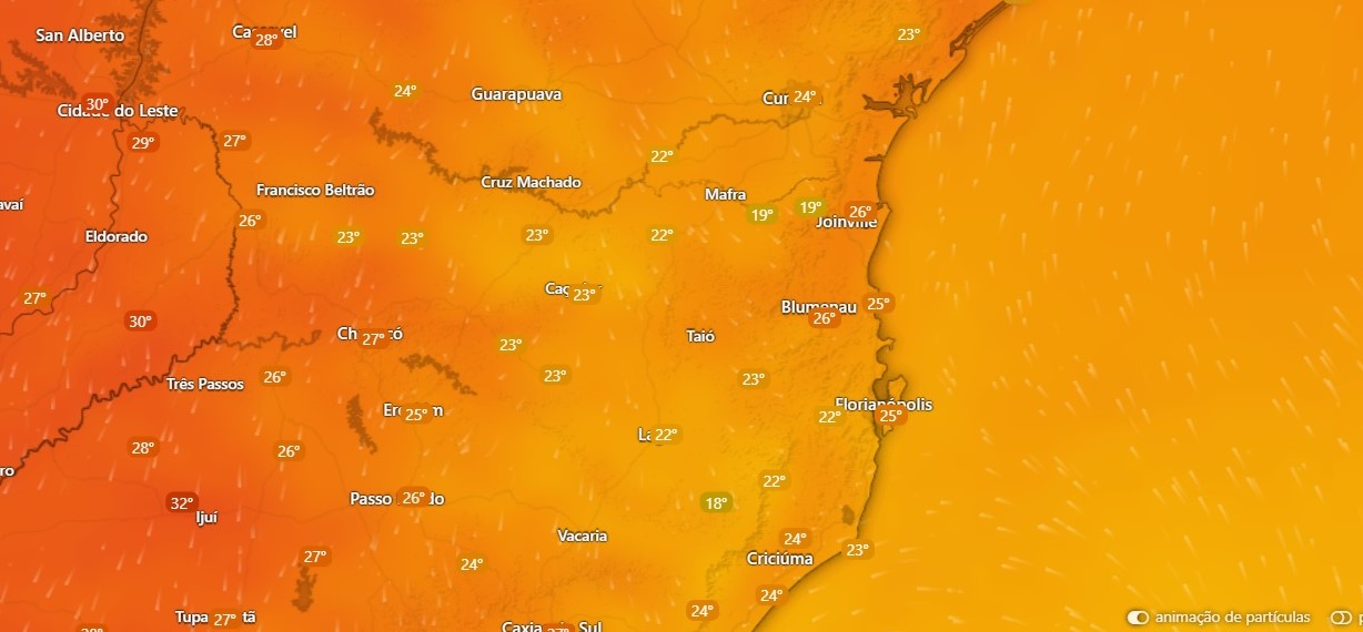 Na imagem aparece uma massa de ar quente intensa que cobre o Estado de Santa Catarina que terá calor e tempo firme.