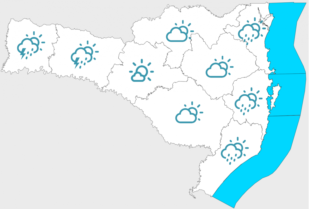 Na imagem aparece o mapa de Santa Catarina dividido pela condição do tempo em cada região do Estado.