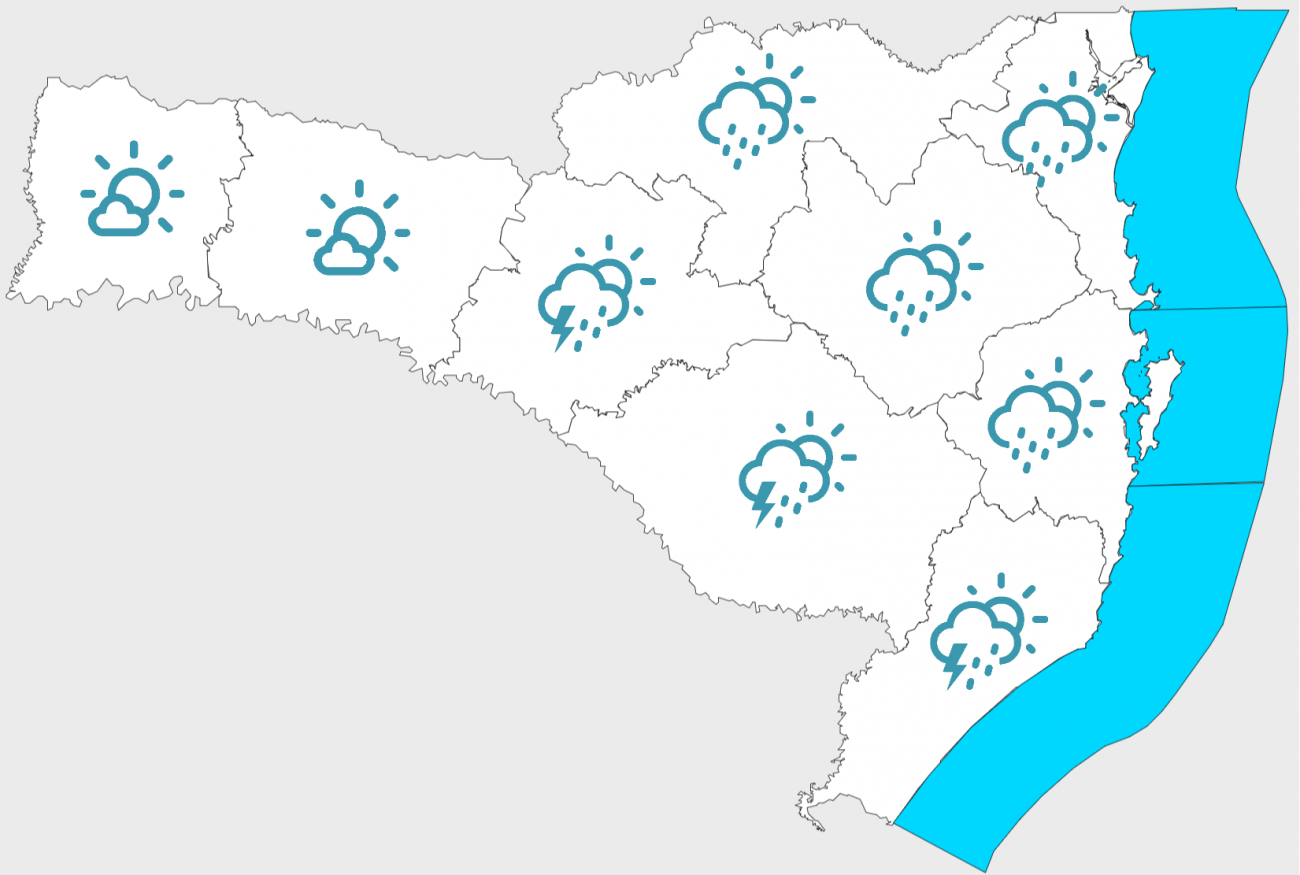 Na foto aparece o mapa de Santa Catarina dividido pelas condições do tempo por regiões.