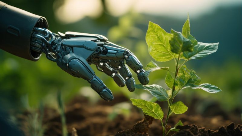Robot hand (artificial intelligence) picking a plant