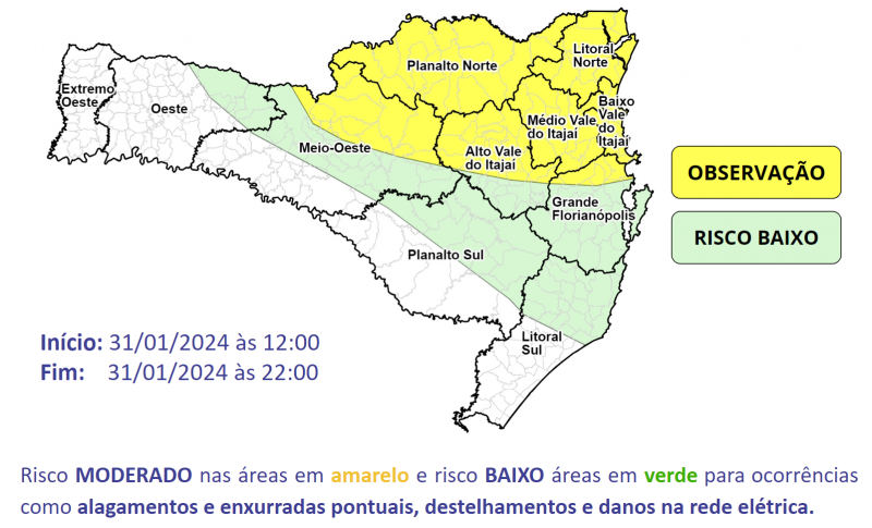 Alerta para chuvas e temporais em algumas regiões de Santa Catarina nesta quarta-feira (31). &#8211; Foto: Defesa Civil/Divulgação/ND