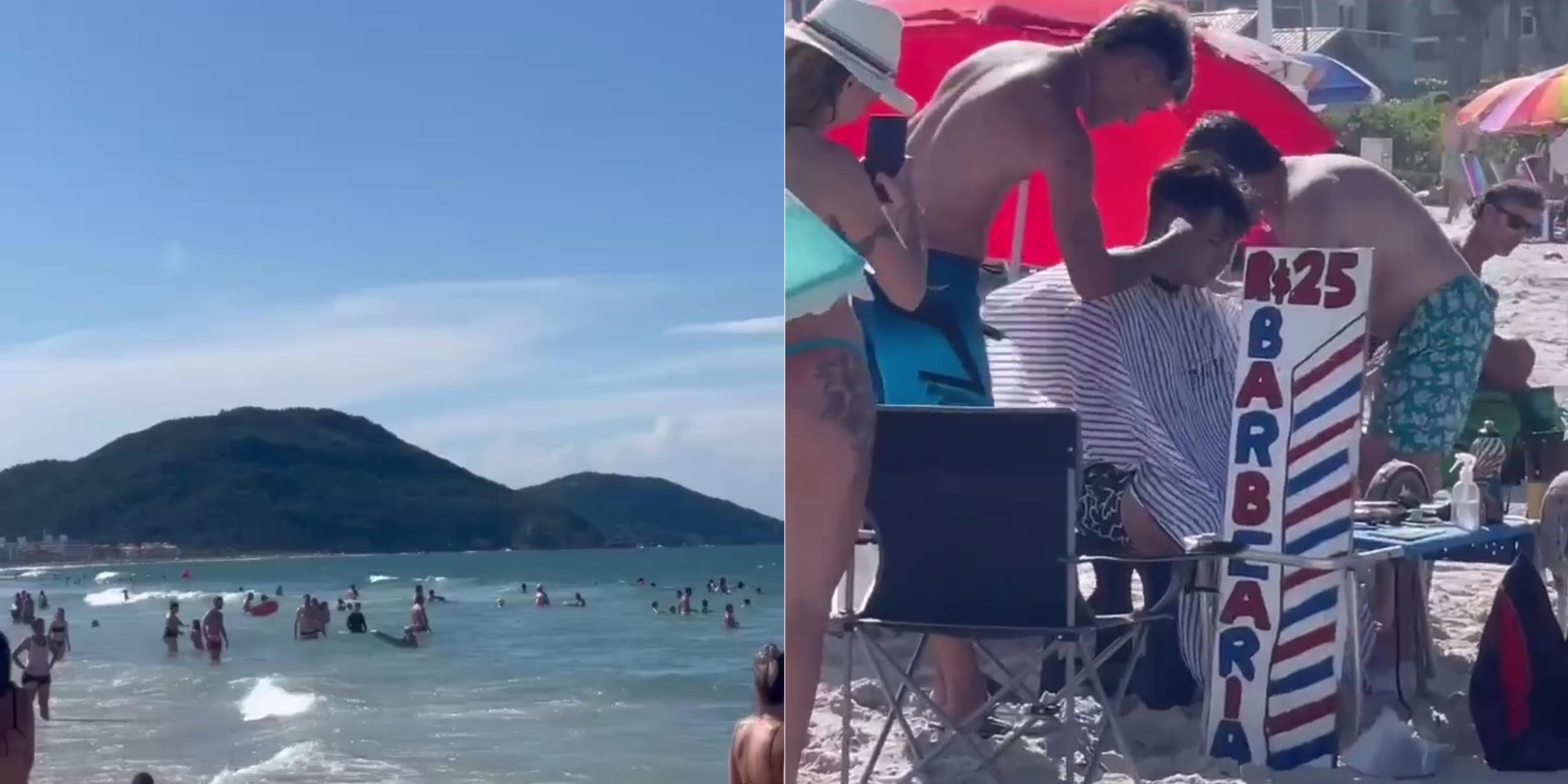 Na imagem é possível ver uma praia e um barbeiro trabalhando em meio aos banhistas.