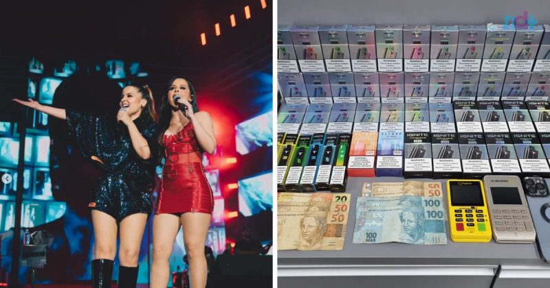 Montagem mostra dupla Maiara e Maraísa e cigarros eletrônicos apreendidos pela Polícia Civil; Cambistas no show da dupla também foram presos