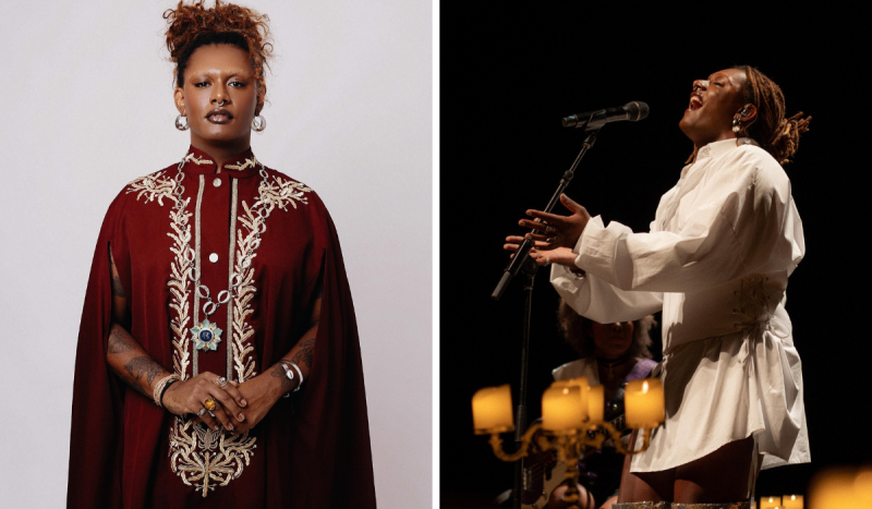 Liniker - Mulher negra, de coque, usa roupa pomposa vermelha com detalhes dourados à esquerda, e na foto à direita ela canta em frente a um microfone usando roupa branca