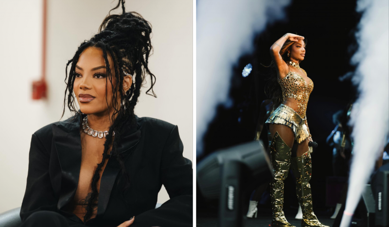 Ludmilla - Fotomontagem com mulher negra usando dreads, sentada, usando terno preto à esquerda e na foto à direita ela em pé fazendo continência usando figurino dourado