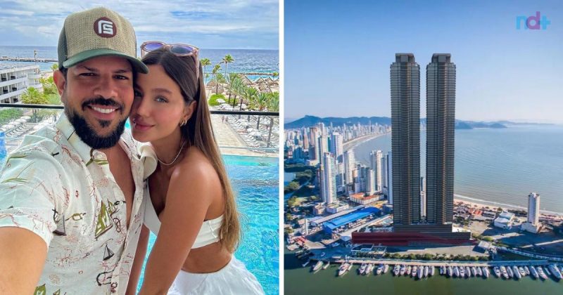 Montagem mostra Sorocaba e esposa Biah com imagens aéreas das "torres de Neymar" em Balneário Camboriú