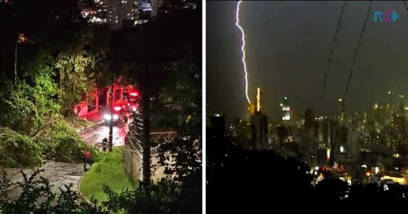 Na montagem foto do morro da Cruz em Itajaí , que foi afetado por ventania e tempestade com raios em Balneário Camboriú