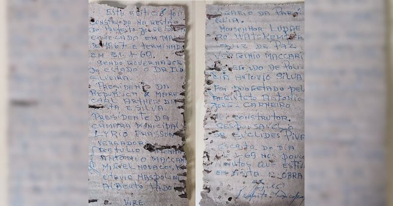 Frente e verso da carta encontrada pelo pedreiro &#8211; Foto: Daiana Carvalho/Prefeitura de Morro da Fumaça/ND