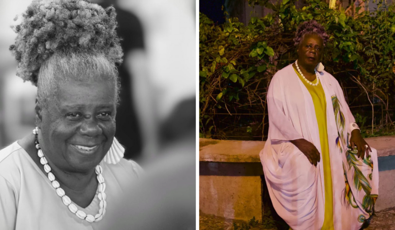 Conceição Evaristo - Fotomontagem com duas fotos, à esquerda, em preto e branco, mulher negra sorri usando colar de conchas. Na foto à direita, ela está sentada usando uma bata branca e o mesmo colar