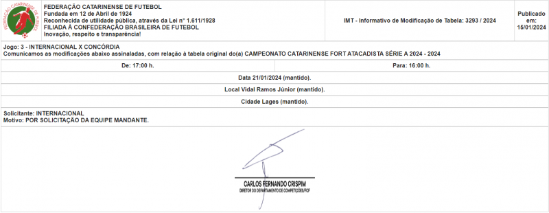 Documento da FCF registrando a mudan&ccedil;a de hor&aacute;rio da partida – Foto: FCF/Reprodu&ccedil;&atilde;o/ND