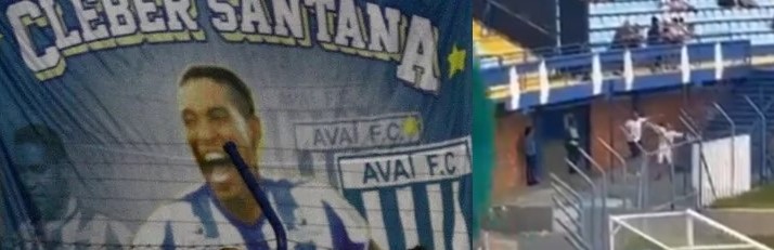 Ignorando a faixa do Cleber Santana no est&aacute;dio, 2 torcedores fazem gestos de avi&atilde;o para a torcida da Chapecoense – Foto: Jamira Furlani/v&iacute;deo internet